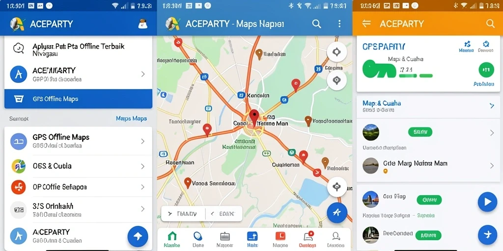 Antarmuka aplikasi ACEPARTY untuk navigasi GPS Offline Maps yang intuitif.