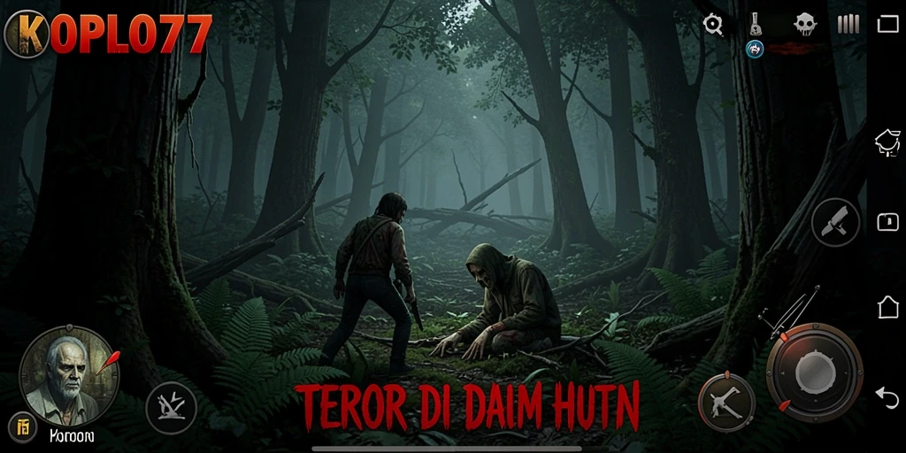 Antarmuka KOPLO77 menampilkan suasana hutan yang menyeramkan dan penuh misteri.